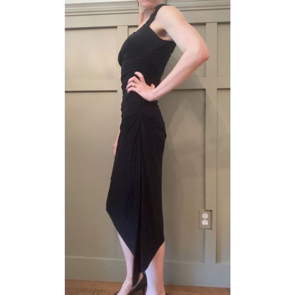 BCBG maxAzria ruched asymmetric hem midi dress black size XS - Picture 5 of 15